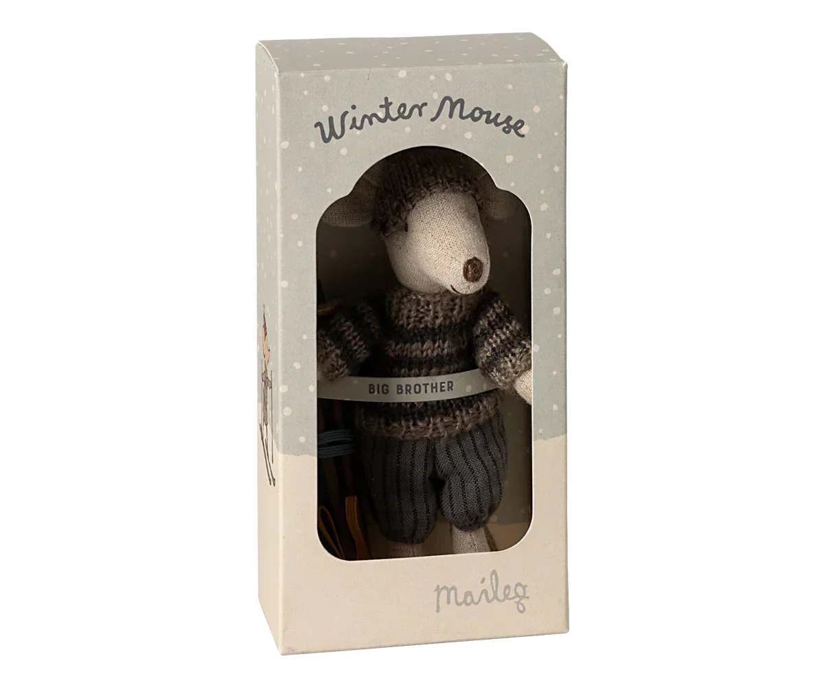 Maileg Winter mouse with ski set, Big brother - Grey