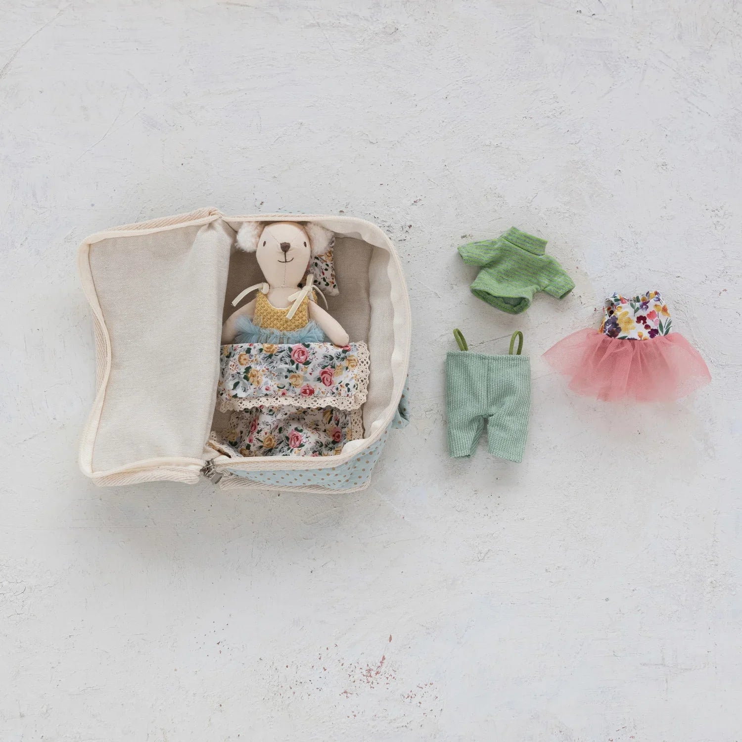 Creative Co op Fabric Suitcase Bed with Plush Bear & Outfits